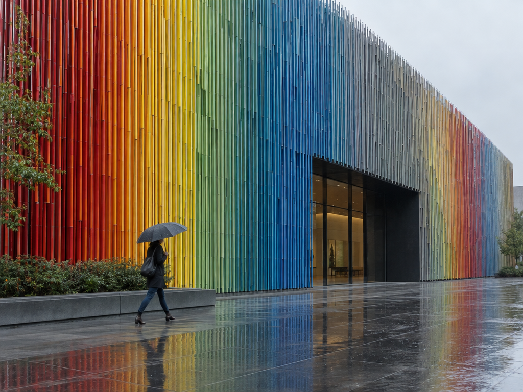 Museum Brandhorst next to the Pinakothek der Moderne: colourful façade of ceramic rods, passer-by with umbrella on a wet pavement