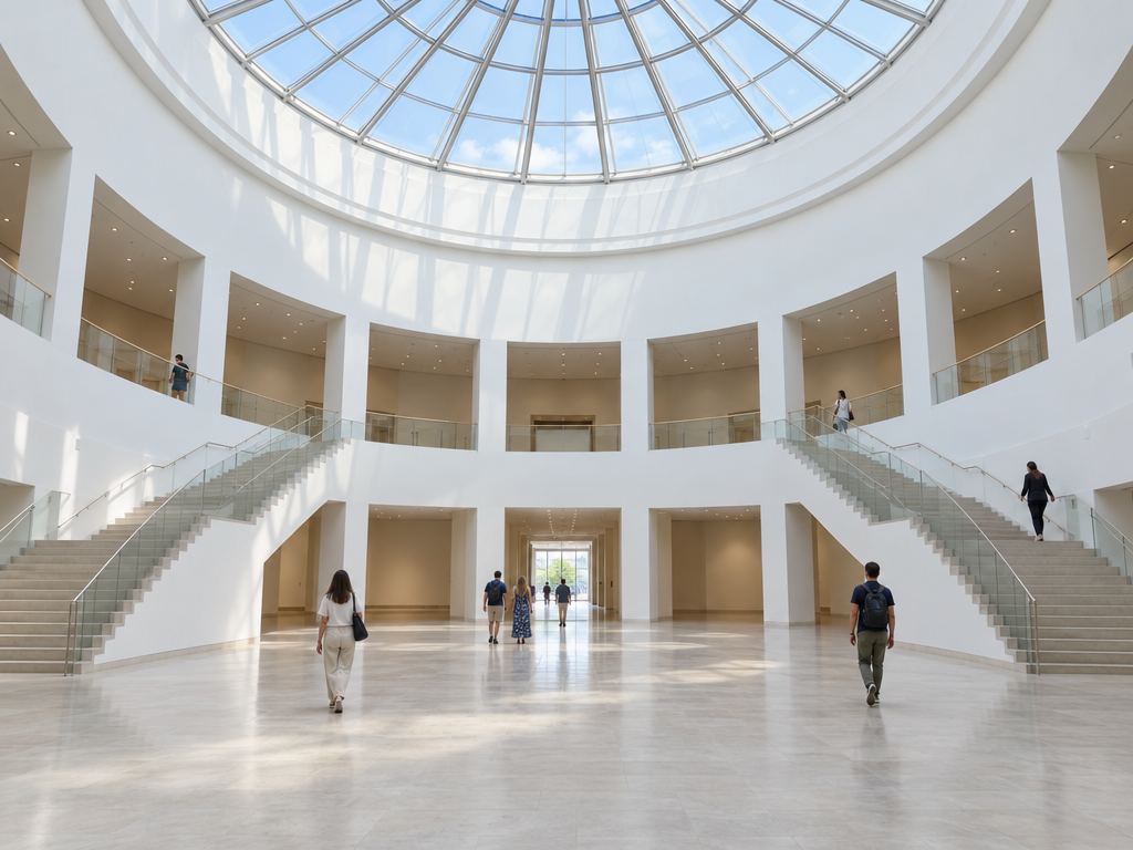 Pinakothek der Moderne Munich: bright rotunda with glass dome, white walls and stairs leading to the galleries