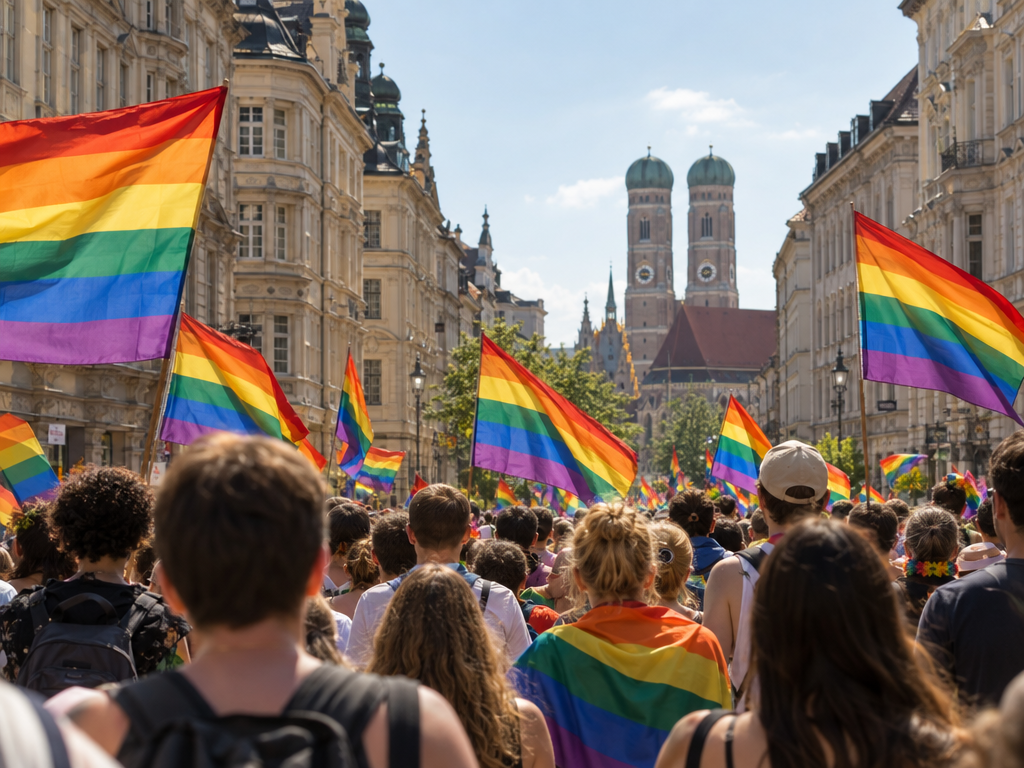 Pride Monaco (CSD): bandiere arcobaleno sopra la folla in una via del centro di Monaco, foto scattata da dietro