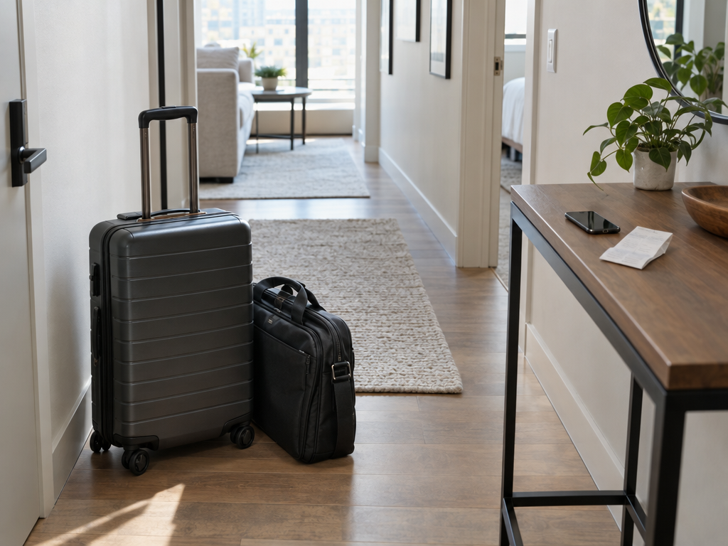 Rechnung Ferienwohnung bei Geschäftsreise: Koffer, Laptoptasche und Beleg für die Reisekostenabrechnung