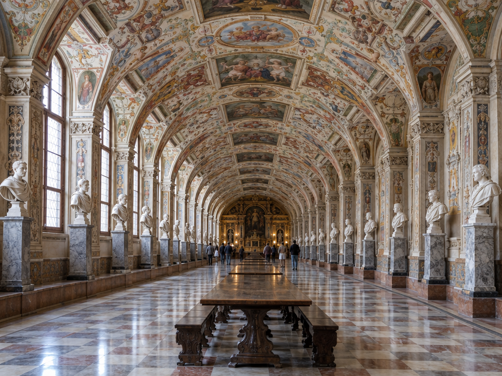 The Antiquarium in the Residenzmuseum of the Munich Residenz: a long Renaissance hall with a painted barrel vault and busts