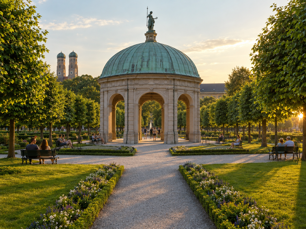 The Hofgarten of the Munich Residenz with the Temple of Diana in the centre and avenues of lime trees in the evening light