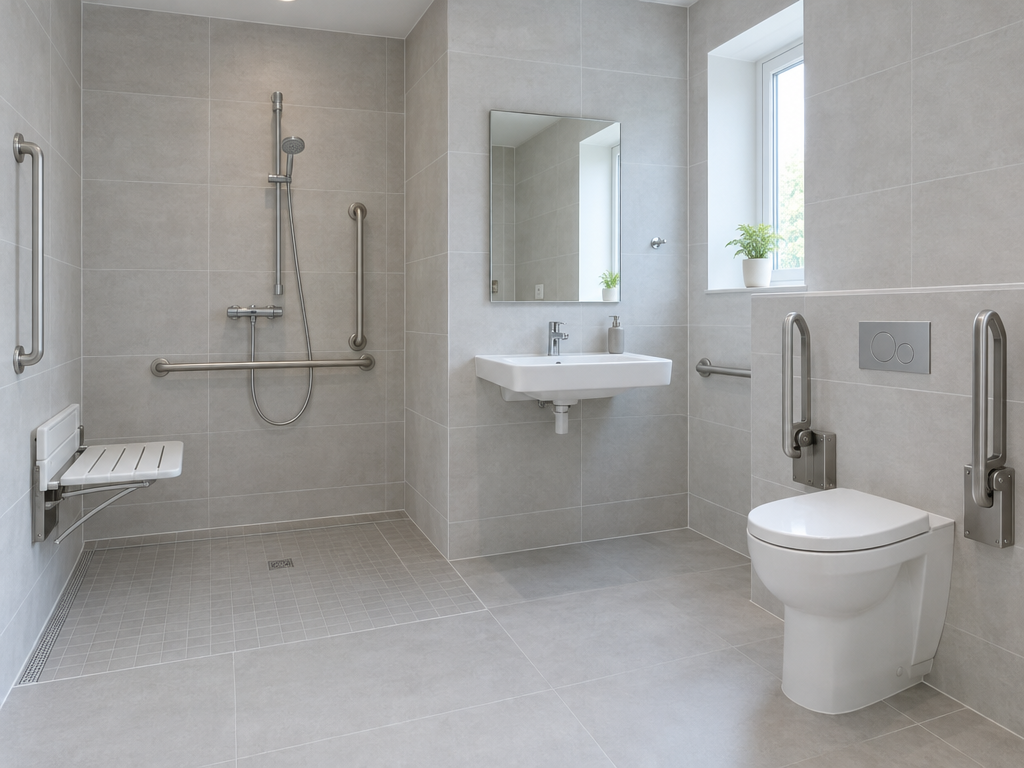 Rollstuhlgerechte Ferienwohnung: Bad mit bodengleicher Dusche, Klappsitz, Haltegriffen und unterfahrbarem Waschtisch