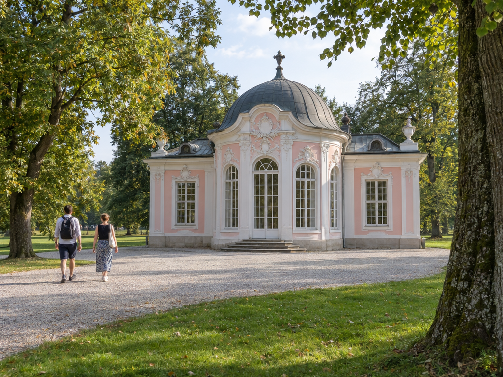 Amalienburg im Schlosspark von Schloss Nymphenburg: kleiner Rokoko-Pavillon mit hellem Putz zwischen alten Bäumen