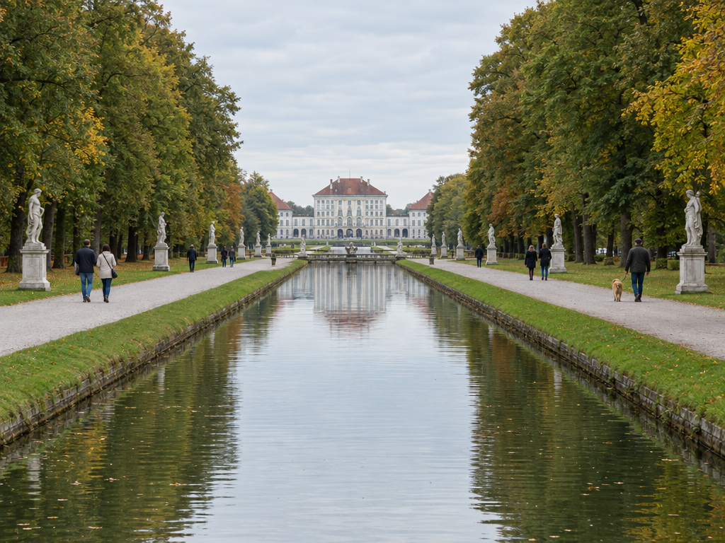 Schlosspark Nymphenburg: langer Mittelkanal zwischen Bäumen, Spaziergänger und ein Hund an kurzer Leine auf dem Kiesweg