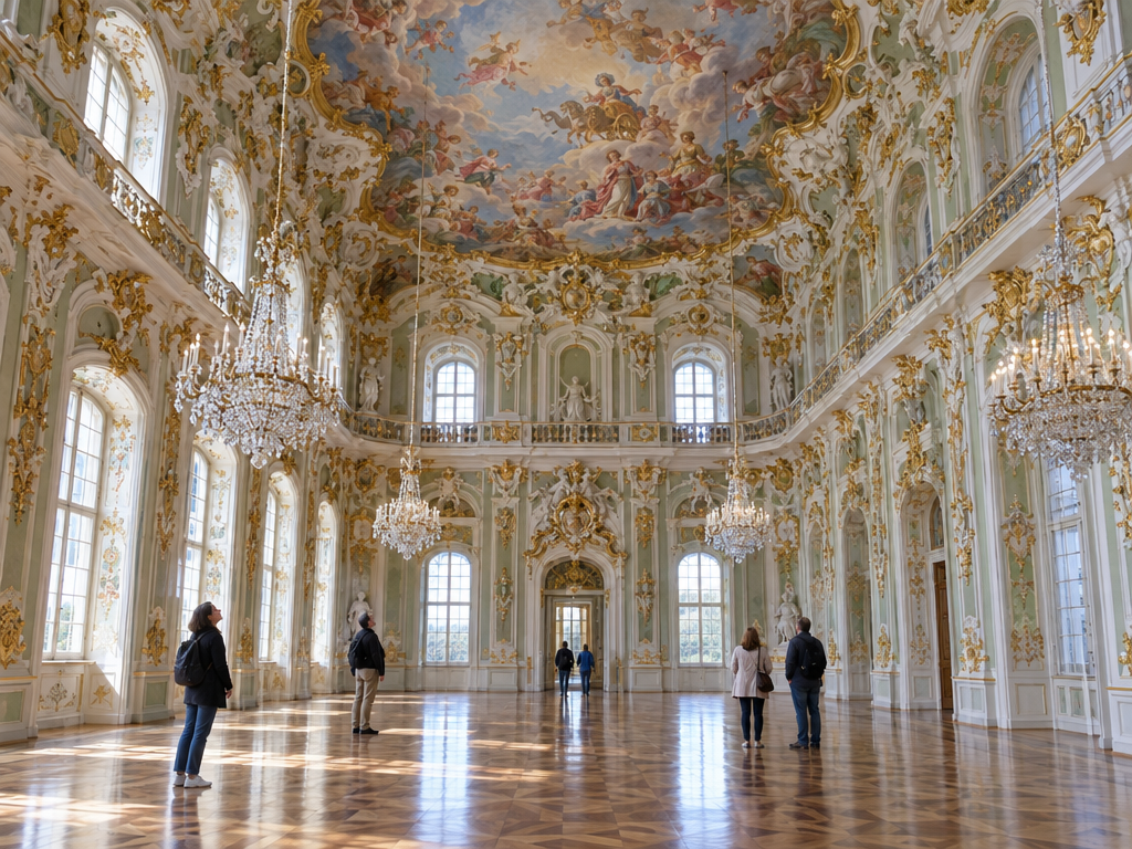 Schloss Nymphenburg innen: hoher Festsaal im Rokokostil mit Stuck, Deckenfresko, Kronleuchtern und Besuchern