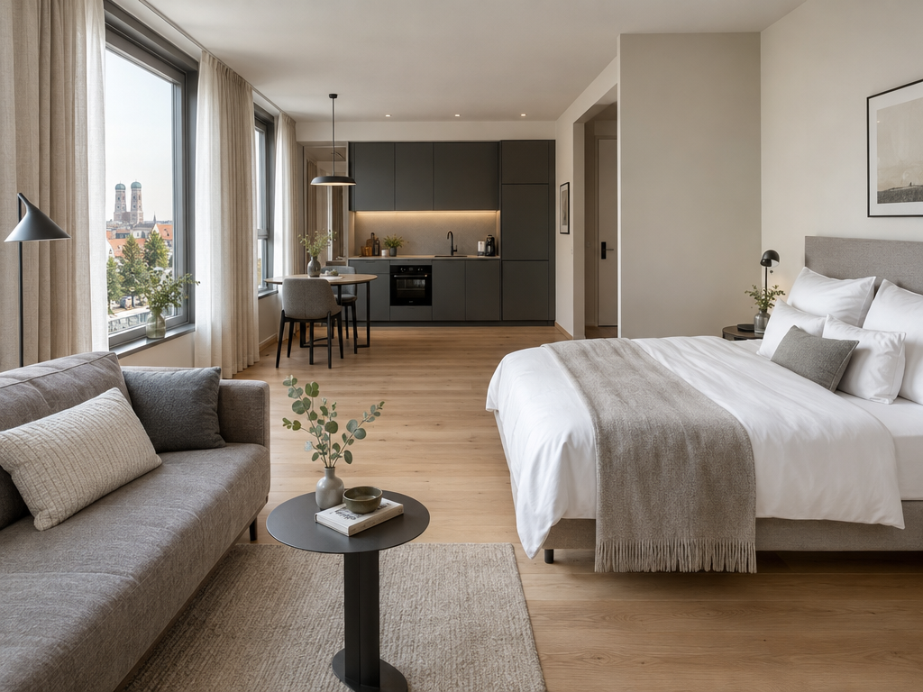 Comfort Apartment der Serviced Apartments München mit Bett, Sofaecke und Küchenzeile