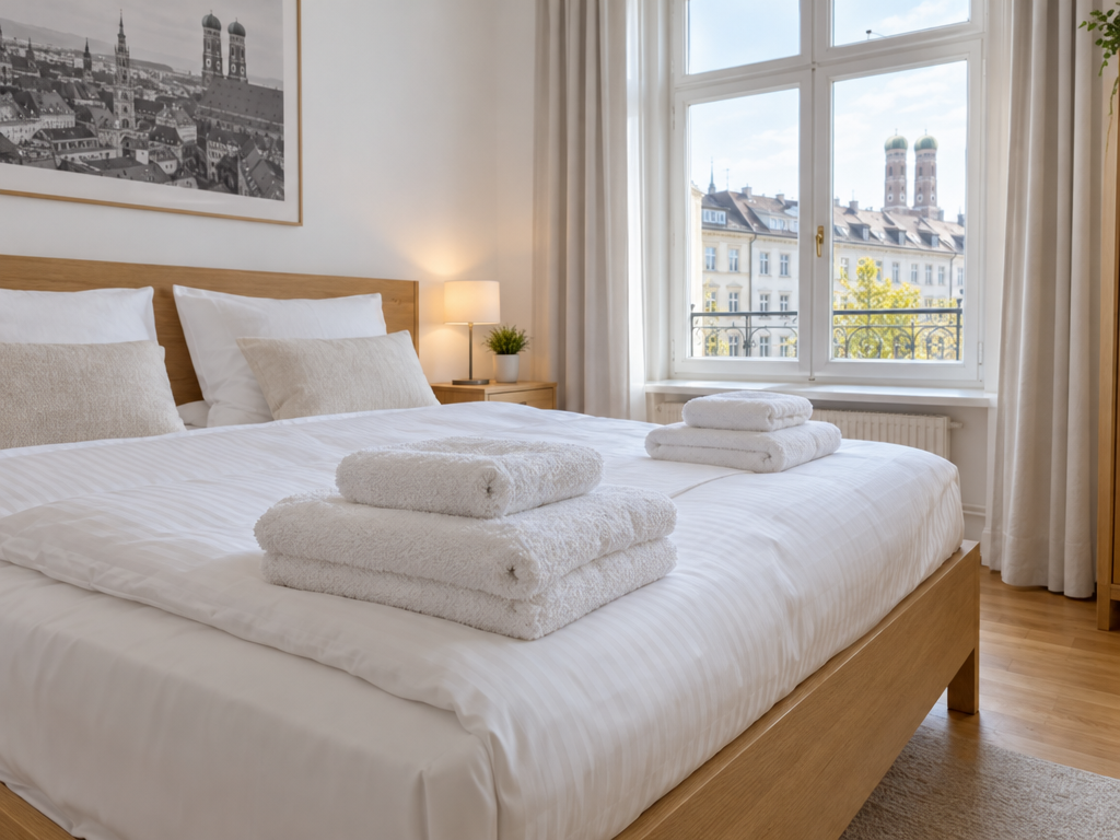 Frisch gefaltete Handtücher auf frisch bezogenem Bett im Serviced Apartment in München
