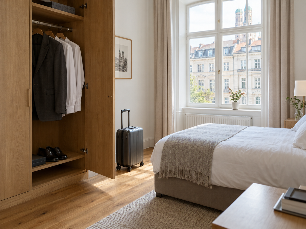 Anzug und Hemden im Eichen-Kleiderschrank: Serviced Apartment in München für Langzeit-Aufenthalte