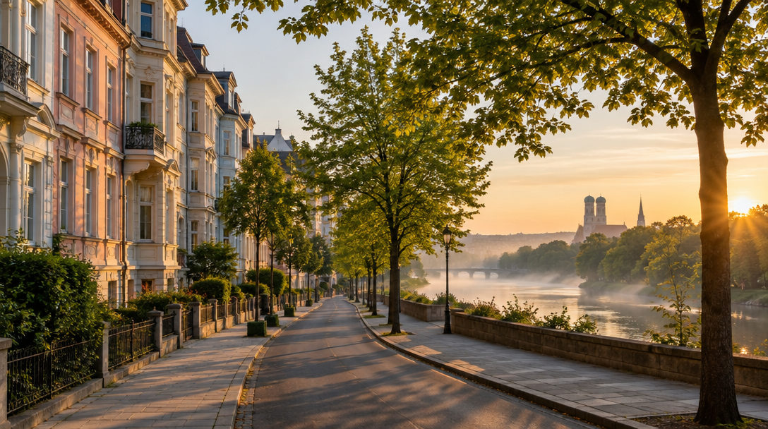 Altbaustraße im Lehel mit Blick zur Isar am Morgen – Lage der Business Apartments in München