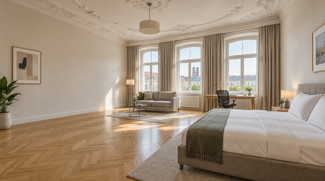 Serviced Apartments München: modernes Business Apartment im Altbau mit Eichenparkett, Doppelbett und Schreibtisch
