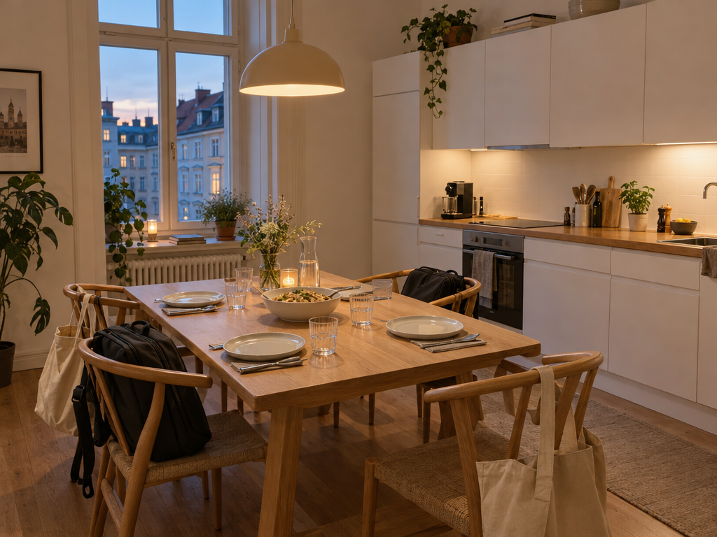 Gedeckter Esstisch für vier in einem der Business Apartments in München für Projektteams