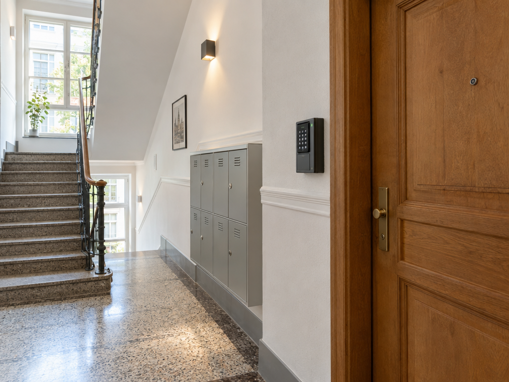 Digitaler Schlüsseltresor am Hauseingang für den 24 h Self-Check-in der Serviced Apartments München