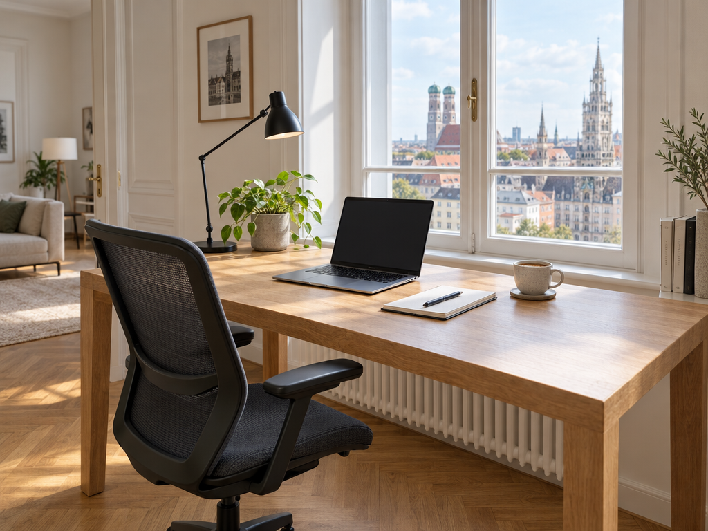 Eichen-Schreibtisch mit Laptop am Fenster im Business Apartment in München für Geschäftsreisende