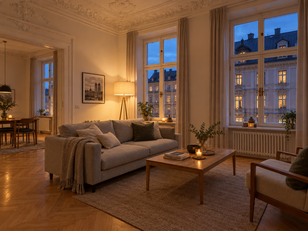 Wohnbereich mit Sofa und Stehlampe am Abend im Serviced Apartment in München mit Blick auf Altbaufassaden