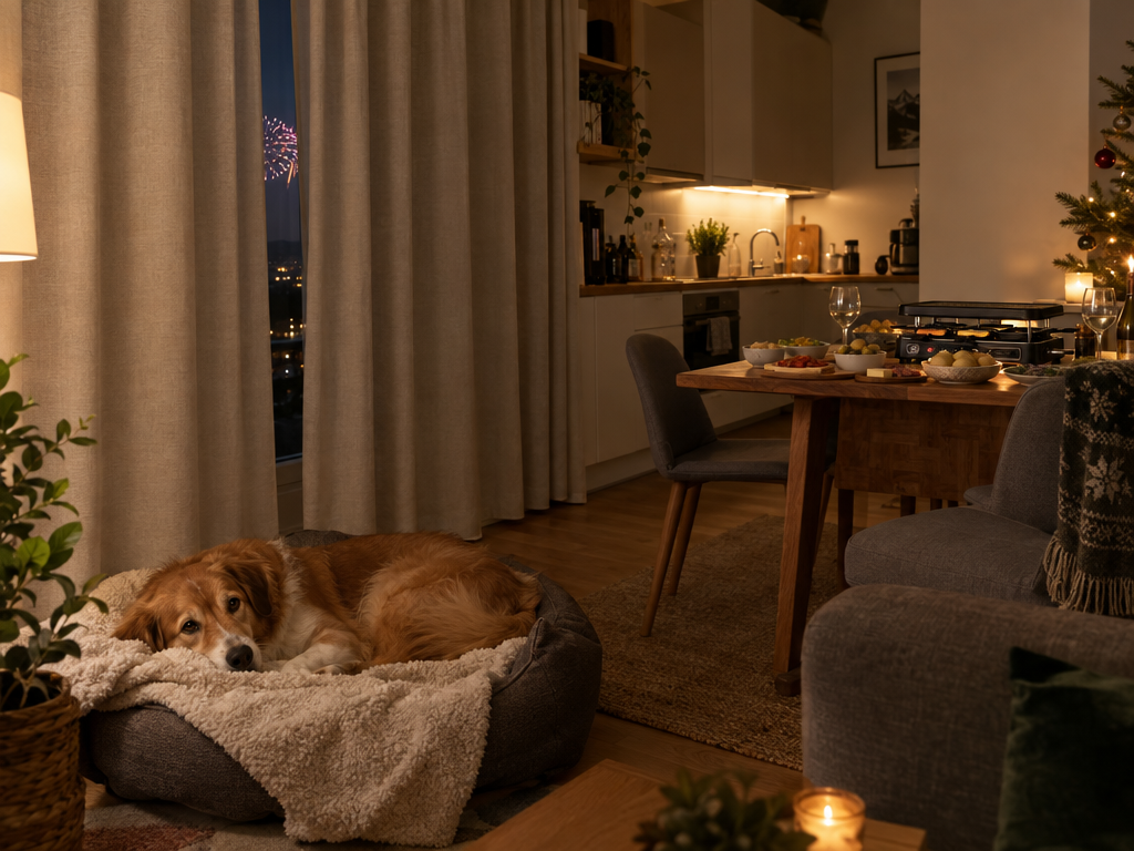 Silvester mit Hund in München: Hund liegt ruhig auf einer Decke in einer Ferienwohnung, Vorhänge fast geschlossen, draußen schwaches Feuerwerk