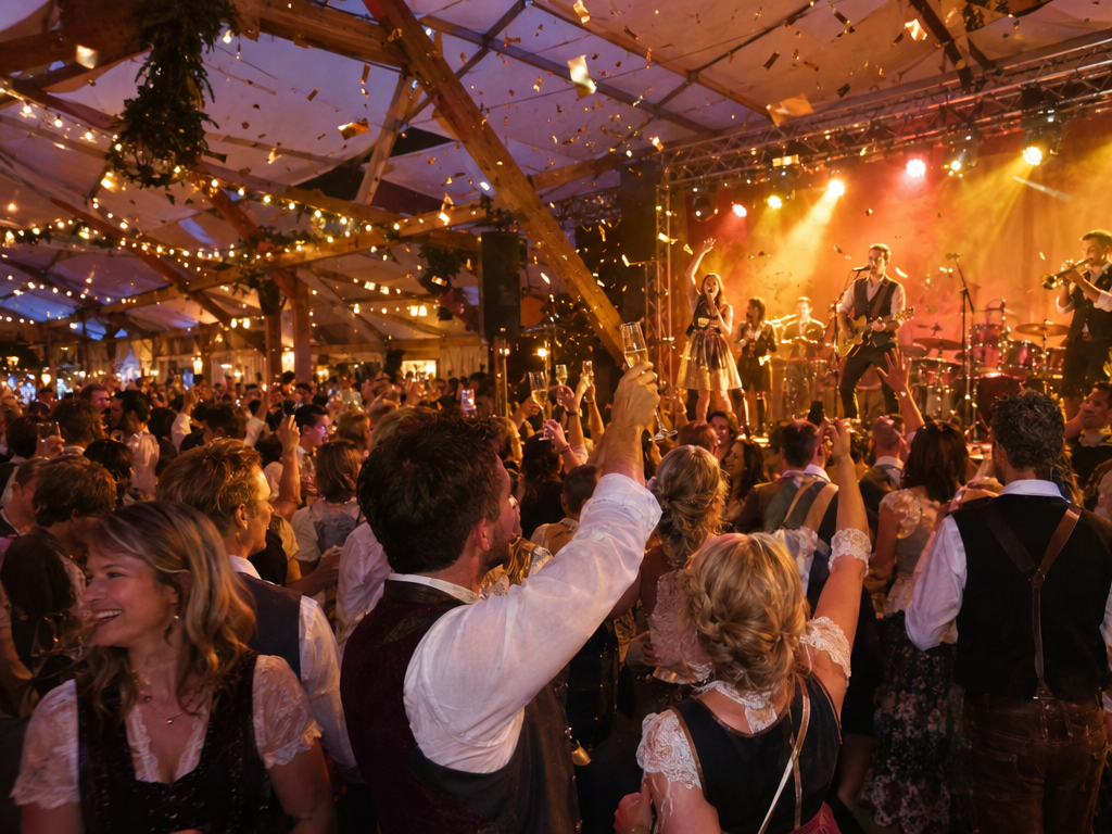 Silvester Party München: Livebühne in einem großen Festzelt, Gäste tanzen und heben die Gläser, Konfetti in der Luft