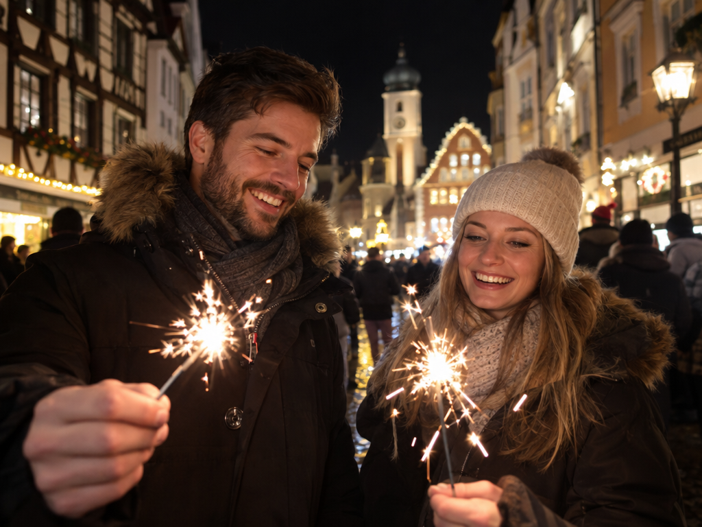 Feuerwerksverbot München Altstadt: zwei Menschen halten an Silvester brennende Wunderkerzen in einer beleuchteten Fußgängerzone