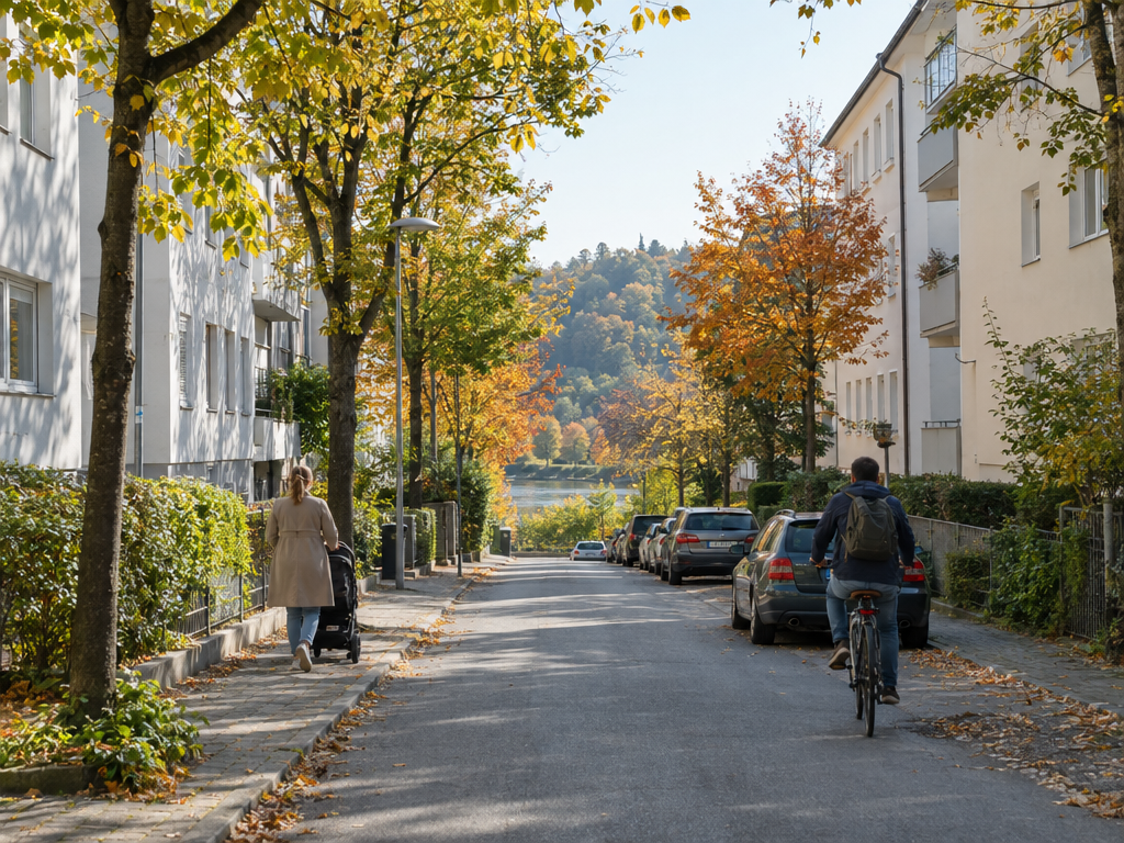 Quartieri di Monaco di Baviera: tranquilla via residenziale a Giesing in autunno, donna con passeggino e ciclista, in fondo la scarpata verso l'Isar
