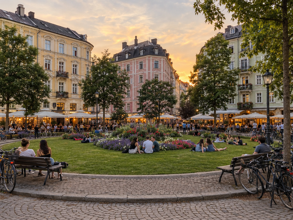 Quartieri di Monaco di Baviera: sera d'estate sulla rotonda della Gärtnerplatz nel Glockenbachviertel, gente sul prato e caffè nei palazzi d'epoca