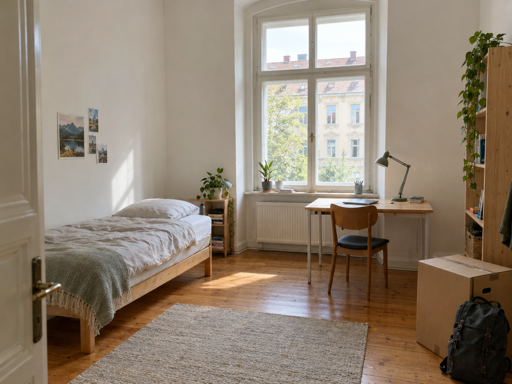 Stanza in affitto a Monaco di Baviera: camera arredata luminosa con letto, scrivania e scatolone in un palazzo d'epoca