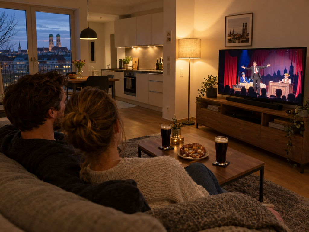 Starkbierfest im Fernsehen: Paar schaut in einer Ferienwohnung die Übertragung vom Nockherberg, auf dem Tisch dunkles Bier und eine Brezn