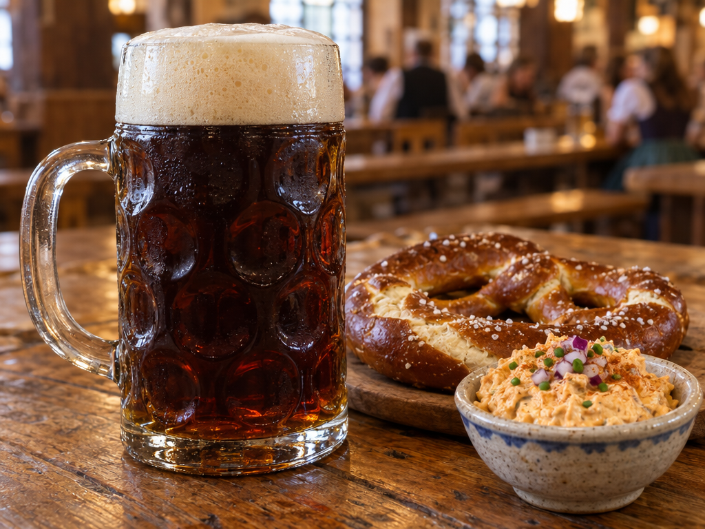 Starkbier beim Starkbierfest: Maßkrug mit dunklem Doppelbock, Brezn und Obatzda auf einem Holztisch im Bierkeller