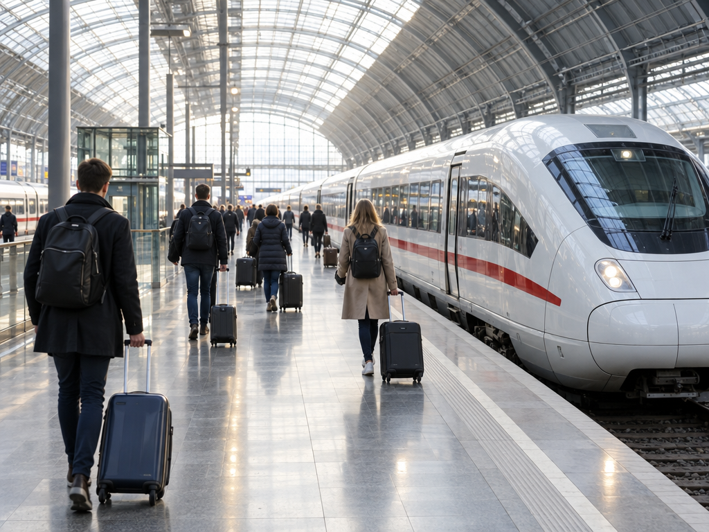 Stazione centrale di Monaco: viaggiatori con trolley attraversano al mattino la galleria dei binari accanto a un treno