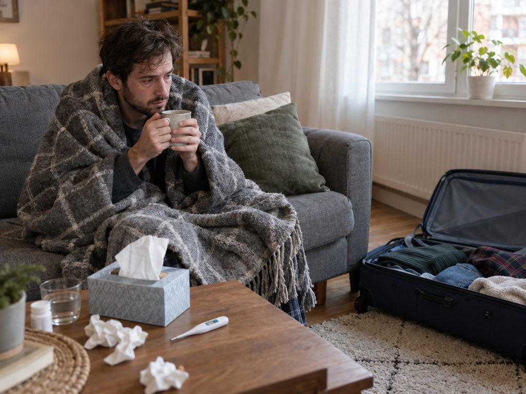 Ferienwohnung stornieren wegen Krankheit: erkälteter Mann mit Tee auf dem Sofa, daneben ein halb gepackter Koffer