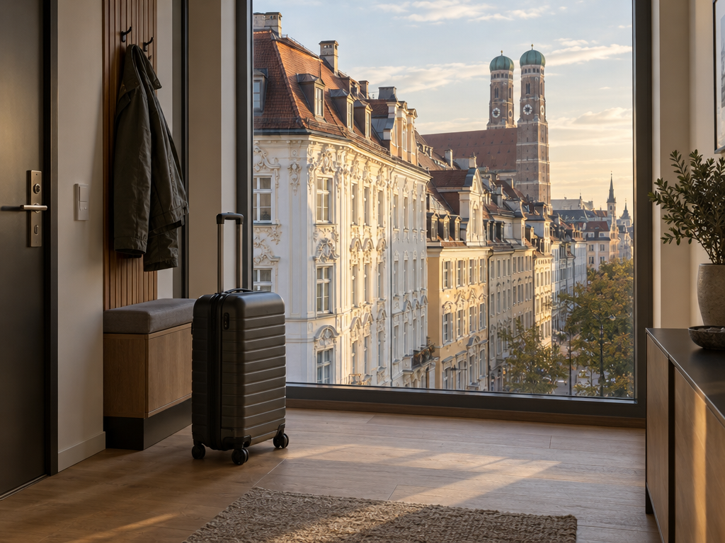 Stornierung Ferienwohnung München: Rollkoffer im Apartment, Blick aus dem Fenster auf Altbaufassaden und Kirchturm