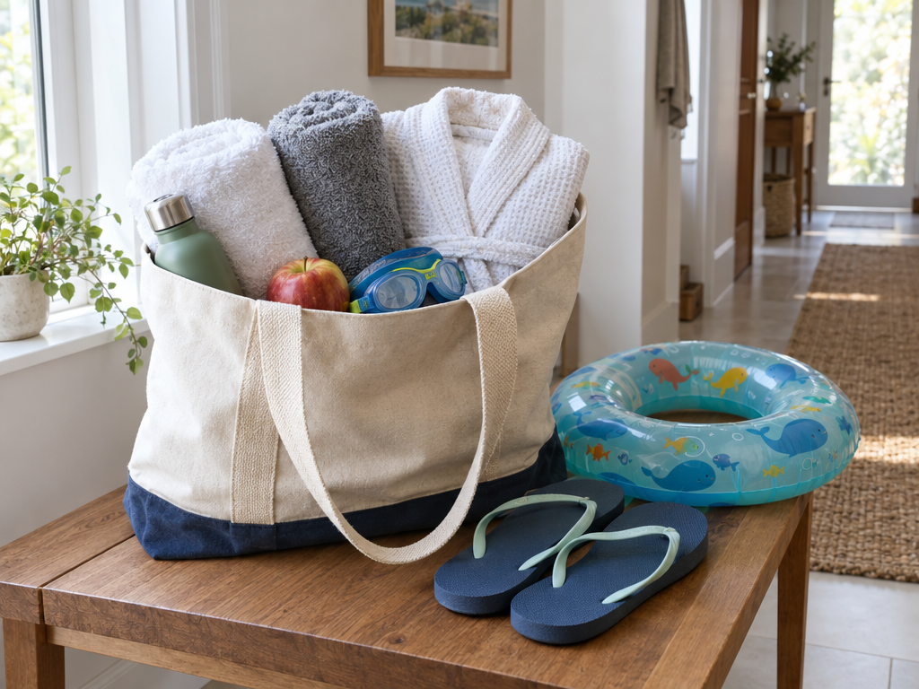Was mitnehmen in die Therme Erding: gepackte Badetasche mit Handtüchern, Bademantel, Badeschuhen, Trinkflasche und Schwimmbrille