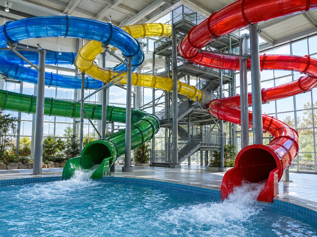 Therme Erding Rutschen: bunte Röhrenrutschen der Galaxy Rutschenwelt über einem Landebecken in einer hellen Halle