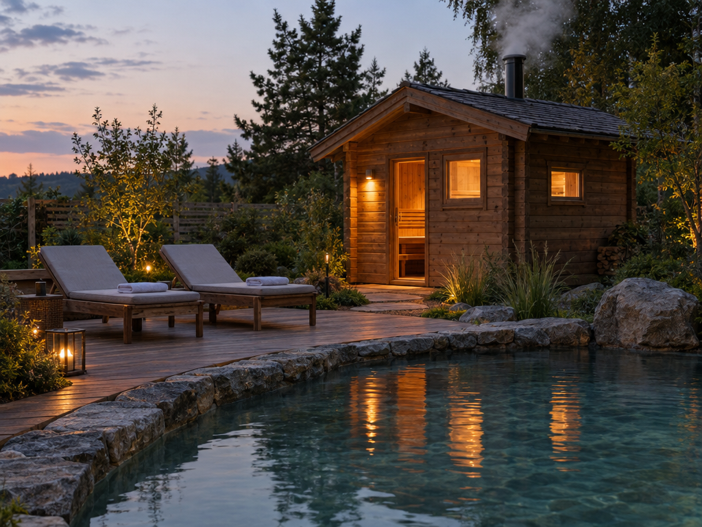 Saunawelt der Therme Erding: Holz-Saunahaus im Garten in der Abenddämmerung mit Dampf, Außenbecken und Liegen