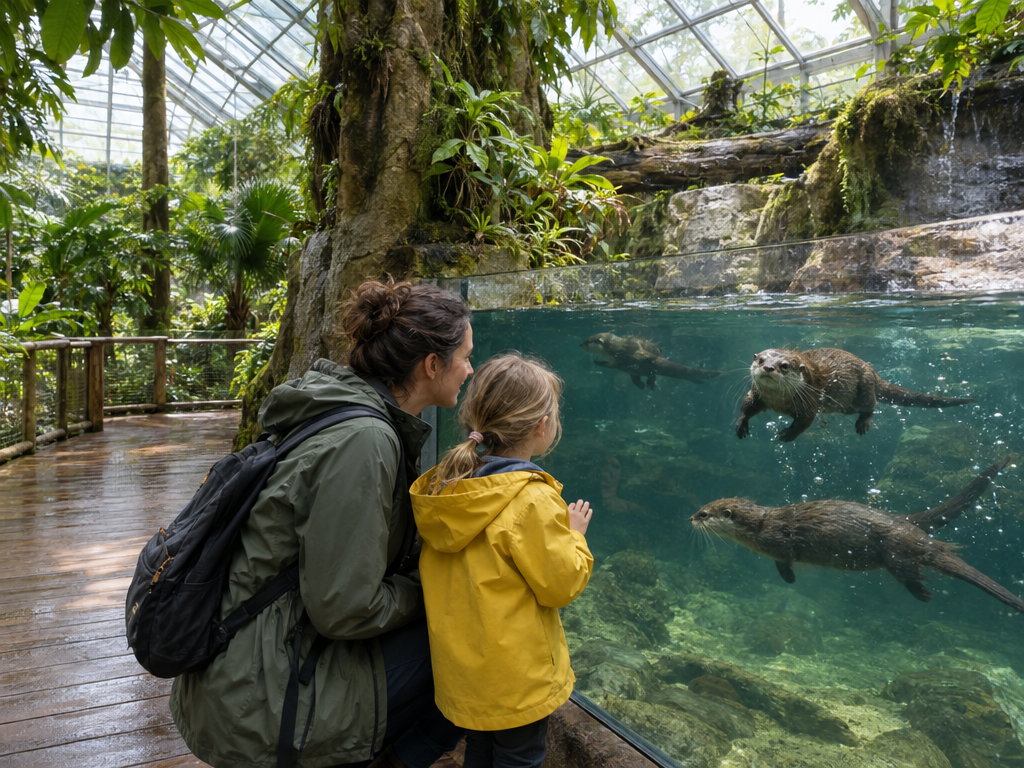 Hellabrunn Jungle World: a mother and child watching small-clawed otters through the underwater window among tropical plants
