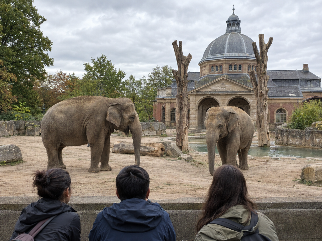 Elephants at Hellabrunn Zoo: two Asian elephants in the outdoor enclosure, with the domed elephant house behind them