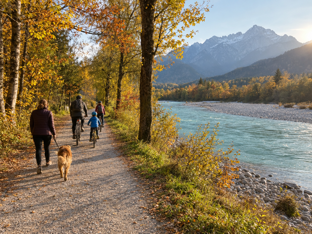 Getting to Hellabrunn Zoo along the Isar: a family on bikes and a woman walking a dog on a lead on the riverside path in autumn