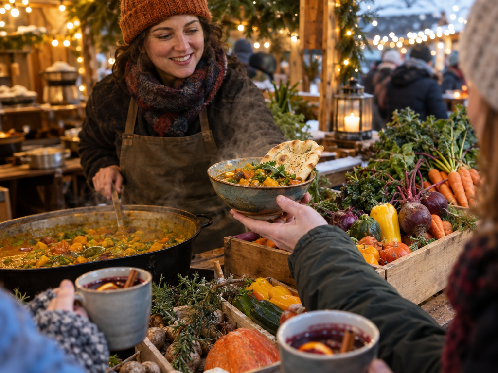 Cibo al Tollwood: un cuoco serve curry di verdure e pane piatto in una ciotola di ceramica a uno stand bio, in primo piano tazze di punch caldo