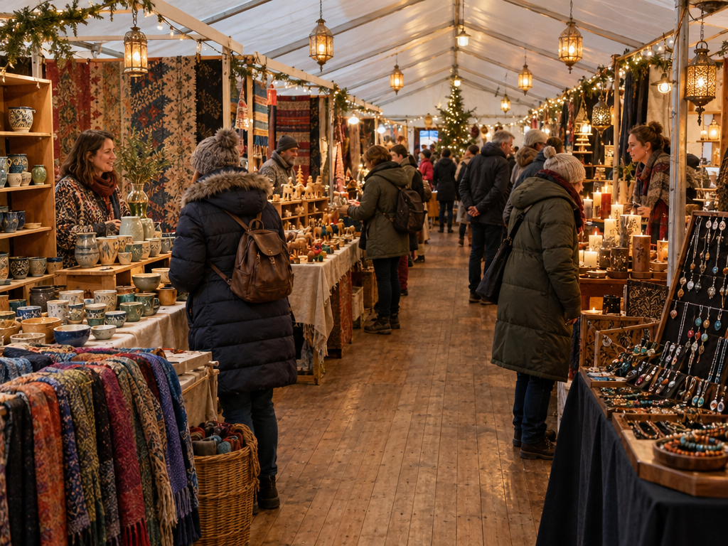 Markt der Ideen al Tollwood: bancarelle con ceramiche, sciarpe, giocattoli in legno e candele in un tendone, visitatori in giacca invernale