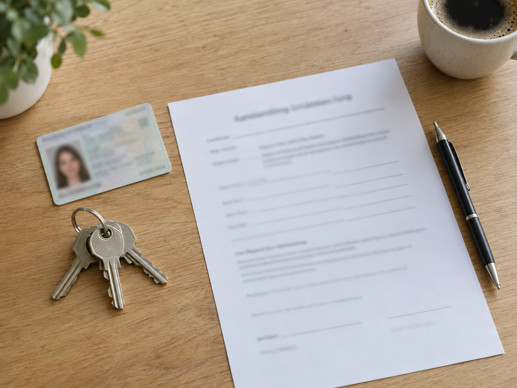 Anmeldung in Munich: ID card, Wohnungsgeberbestätigung (landlord's confirmation) and keys on a wooden table