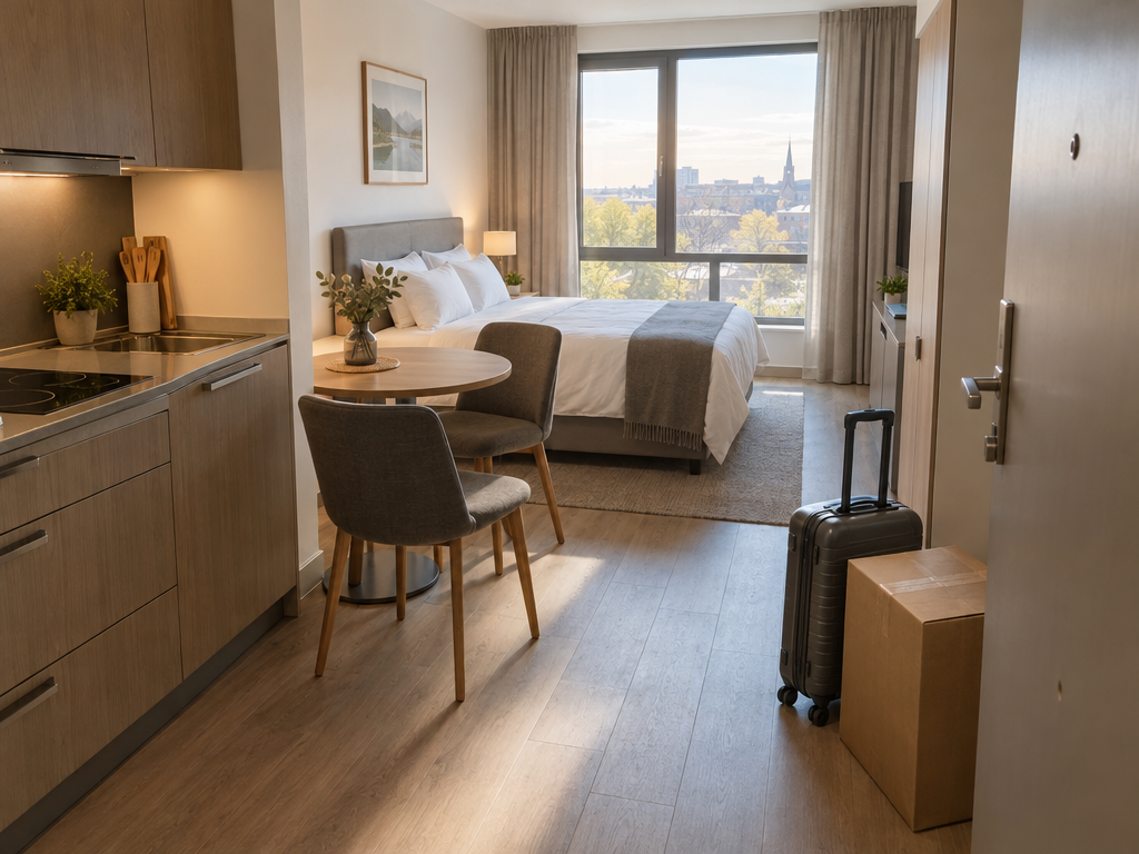 Temporary flat while completing your Anmeldung in Munich: furnished apartment with kitchenette, suitcase and moving box