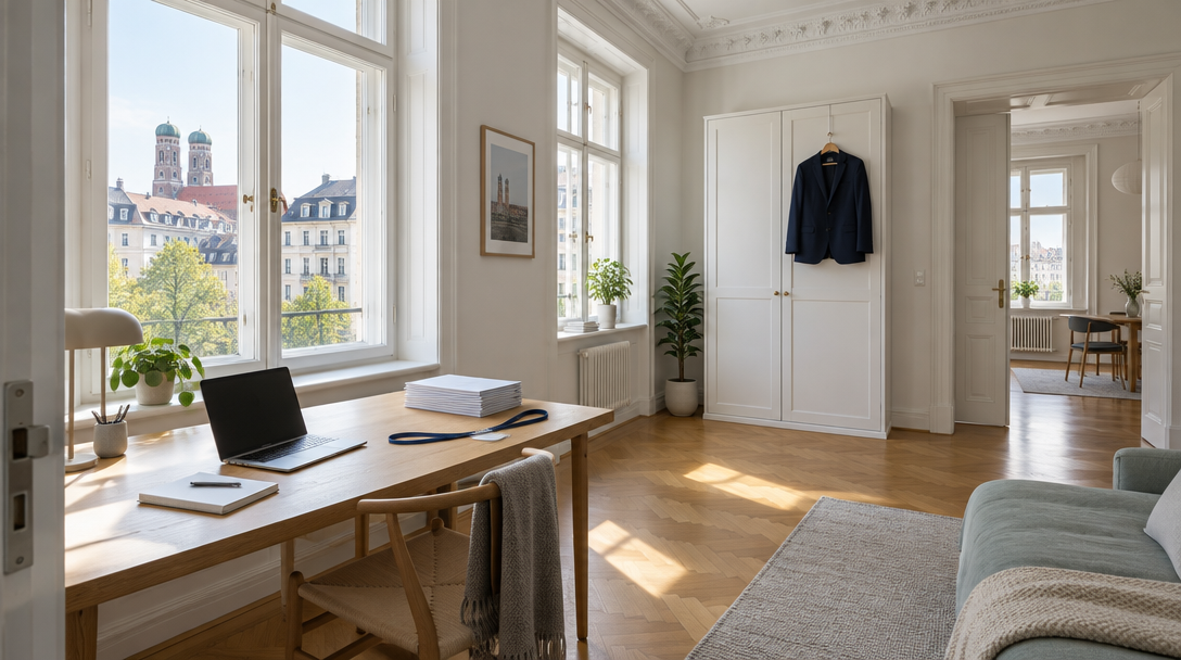 Unterkunft zur Messe München: helles Altbau-Apartment mit Laptop, Messeunterlagen und Sakko am Schrank