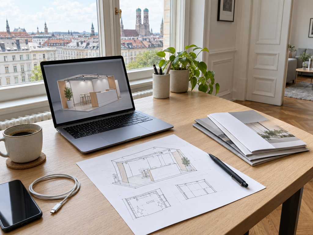 Schreibtisch mit Laptop und Standplan im Apartment statt Hotel nähe Messe München