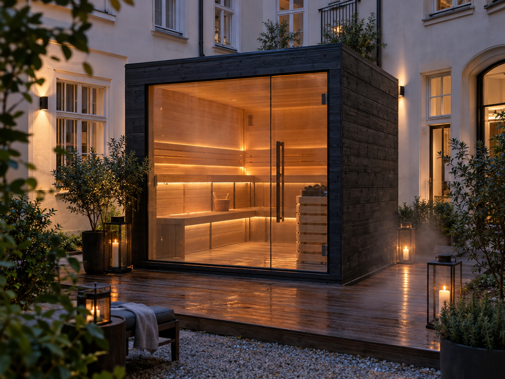 Outdoor-Sauna im Innenhof im Lehel – Apartment statt Hotel München Riem nach dem Messetag
