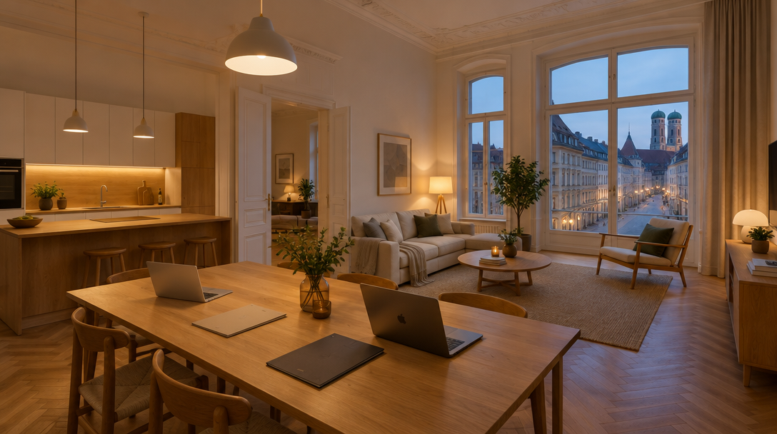 Apartment im Lehel als Alternative zum Hotel Messe München Riem: Esstisch mit Laptops und Blick auf eine Altbaustraße am Abend