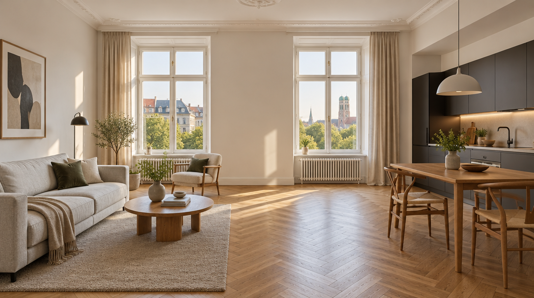 Unterkunft München: heller Wohnbereich eines Apartments im Altbau im Lehel