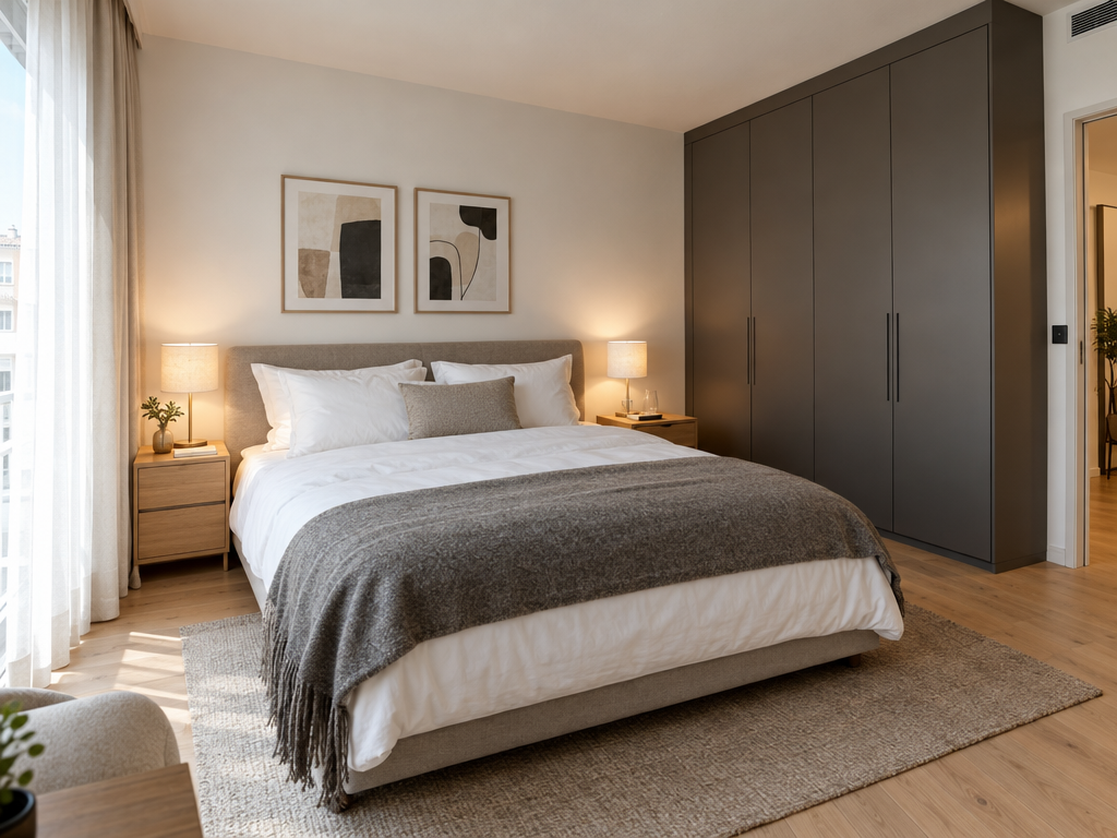 Schlafzimmer einer Unterkunft in München für die Last-Minute-Übernachtung