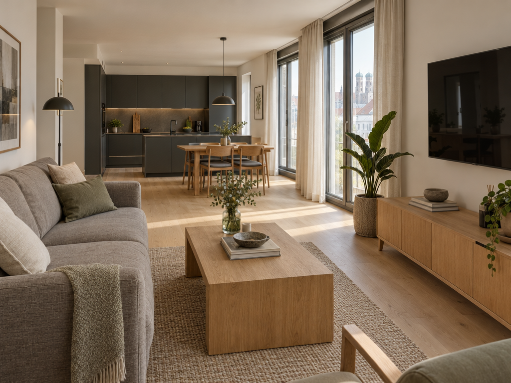 Wohnzimmer einer Unterkunft in München im Lehel mit Sofa und offener Küche