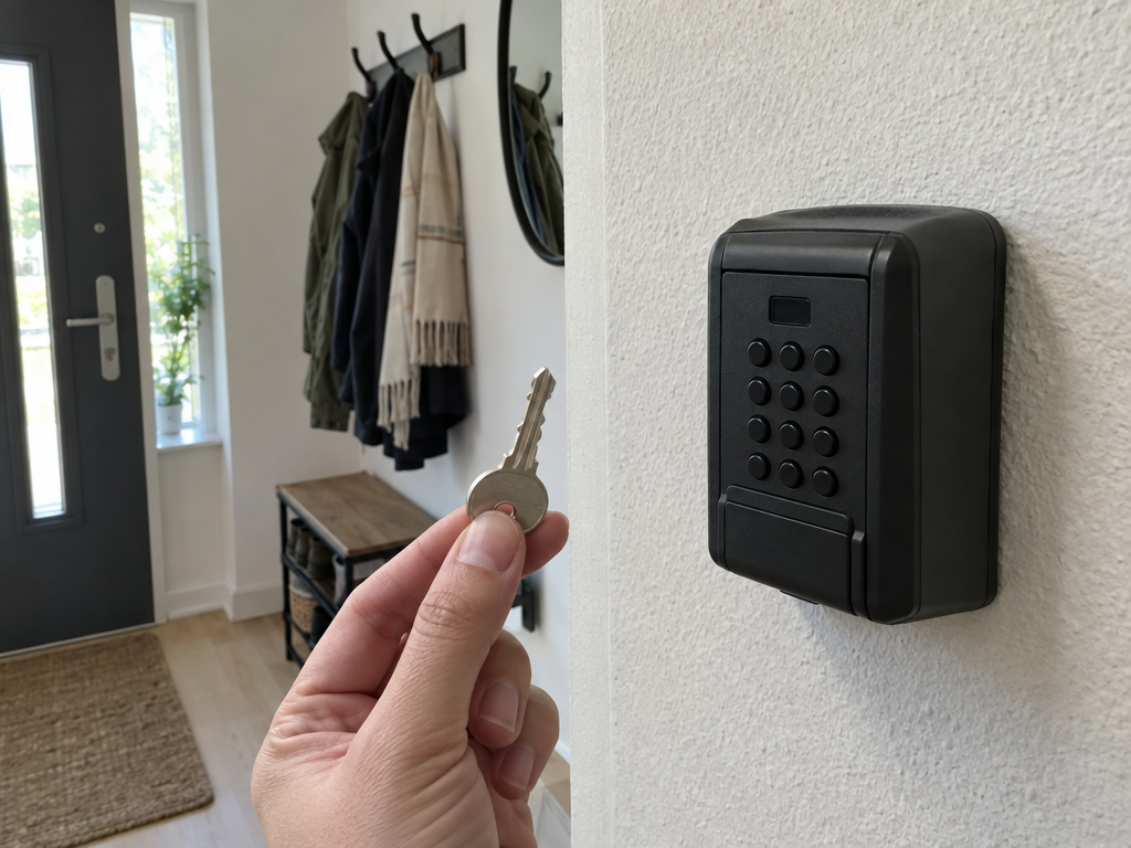 Ferienwohnung versichern: Hand mit Wohnungsschlüssel neben einem Schlüsselsafe am Eingang