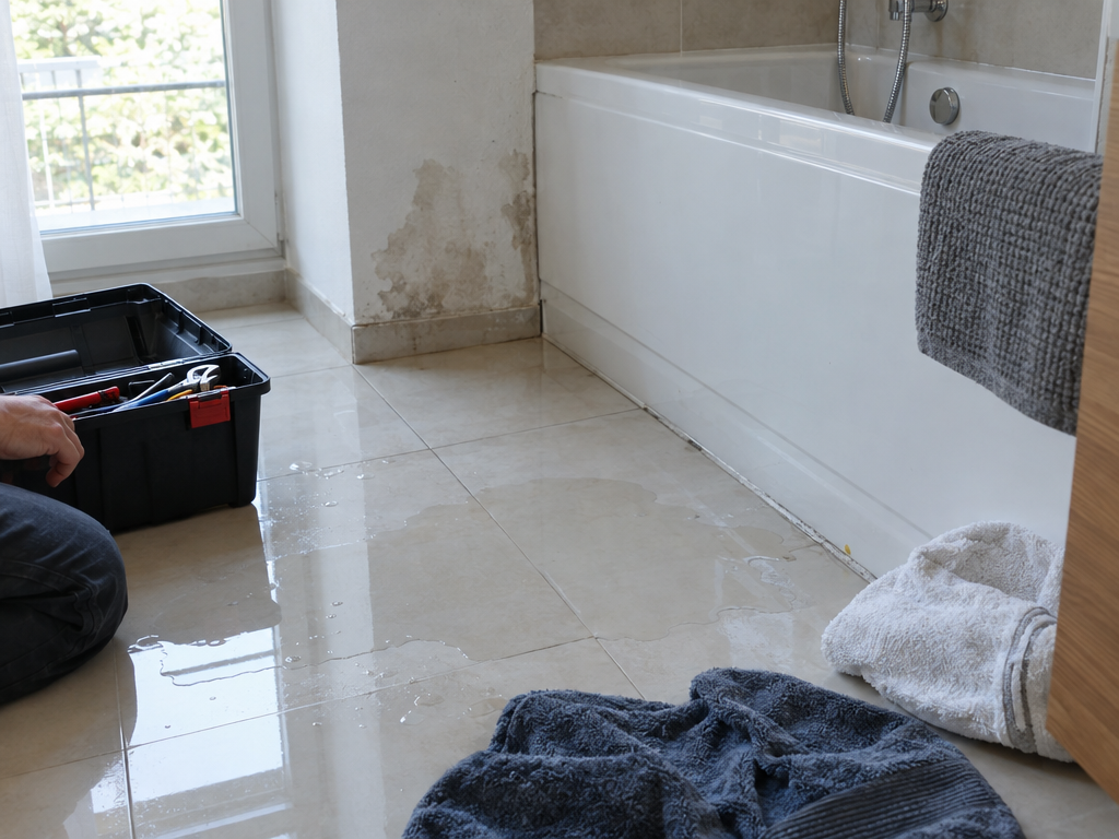 Wohngebäudeversicherung Ferienwohnung: Wasserschaden im Bad mit Pfütze, Handtüchern und Werkzeugkoffer