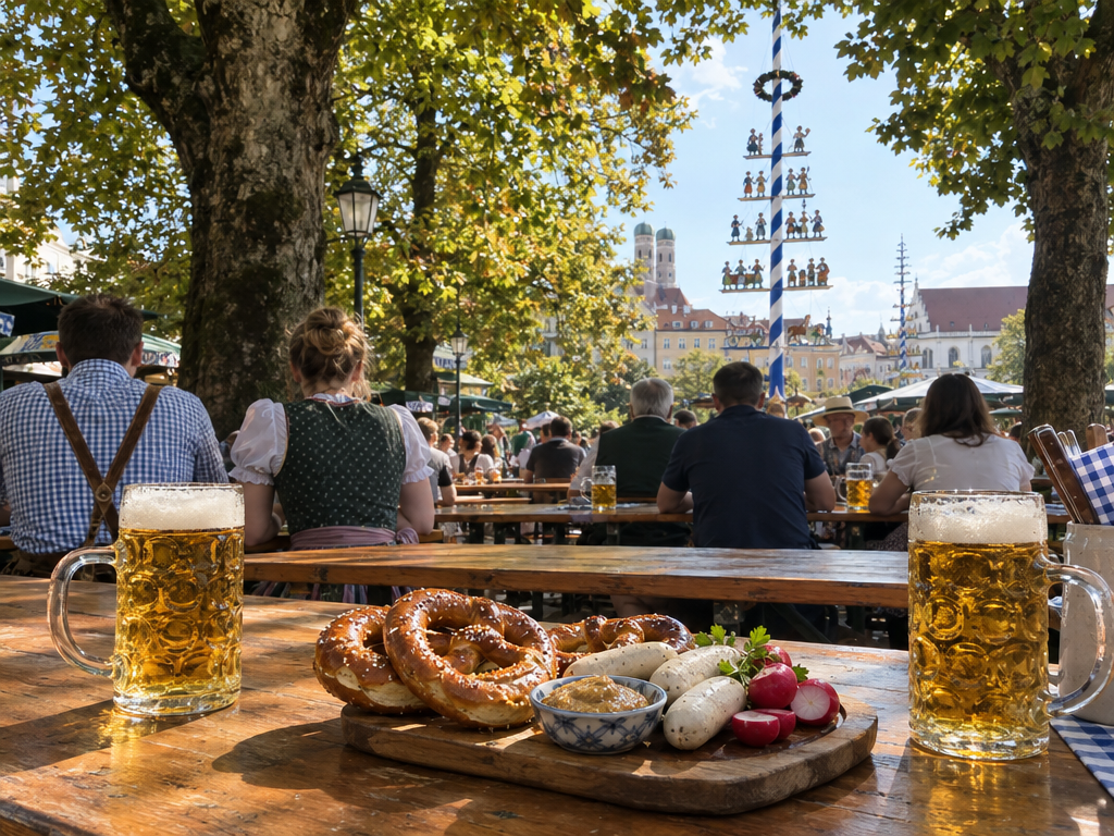 Biergarten am Viktualienmarkt: Holztische unter Kastanien mit Brezn, Weißwurst und Maßkrug